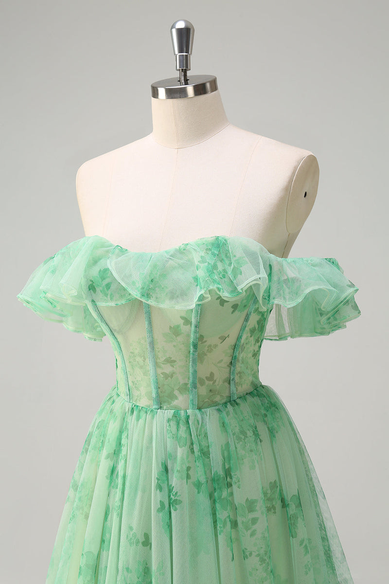Load image into Gallery viewer, Green A Line Off The Shoulder Corset Ruffled Long Prom Dress