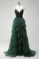 Load image into Gallery viewer, Sparkly Dark Green A Line Corset Long Prom Dress with Slit