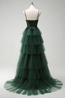 Sparkly Dark Green A Line Corset Long Prom Dress with Slit