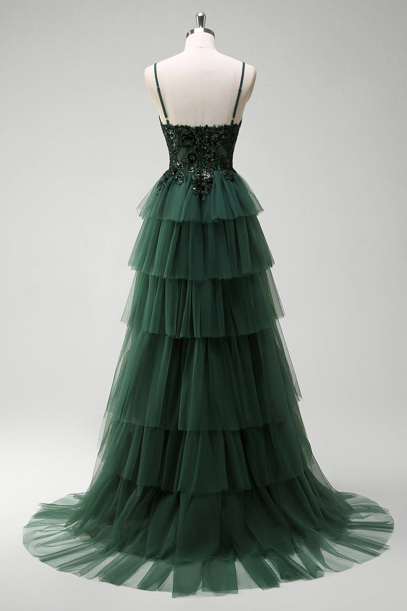 Load image into Gallery viewer, Sparkly Dark Green A Line Corset Long Prom Dress with Slit