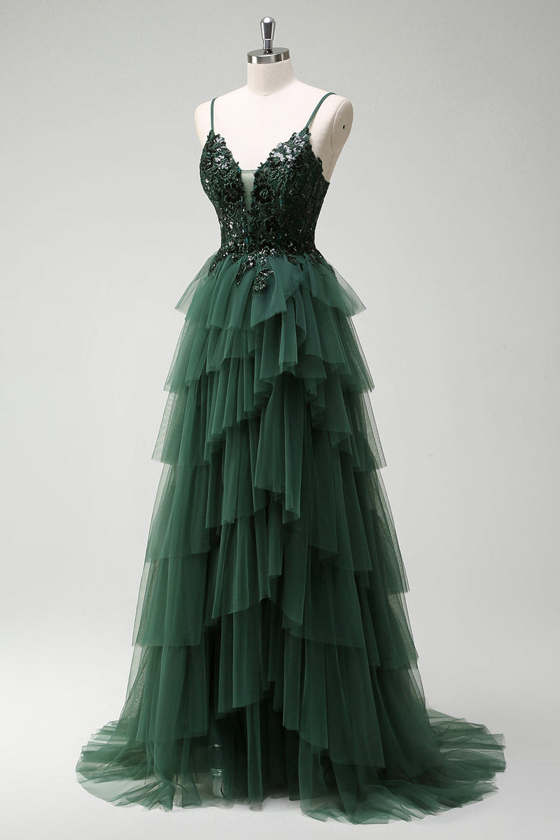 Load image into Gallery viewer, Sparkly Dark Green A Line Corset Long Prom Dress with Slit