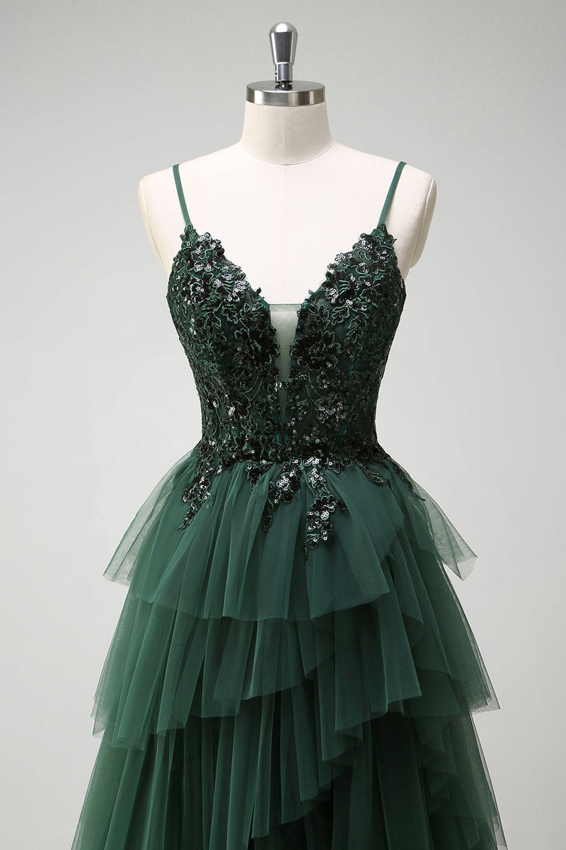 Load image into Gallery viewer, Sparkly Dark Green A Line Corset Long Prom Dress with Slit