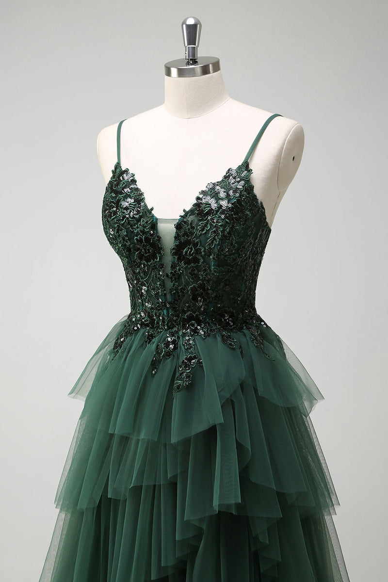 Load image into Gallery viewer, Sparkly Dark Green A Line Corset Long Prom Dress with Slit