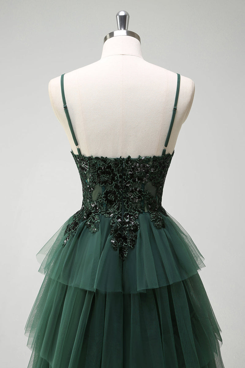 Load image into Gallery viewer, Sparkly Dark Green A Line Corset Long Prom Dress with Slit