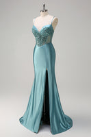 Load image into Gallery viewer, Grey Green Mermaid Corset Long Prom Dress with Slit