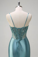 Load image into Gallery viewer, Grey Green Mermaid Corset Long Prom Dress with Slit