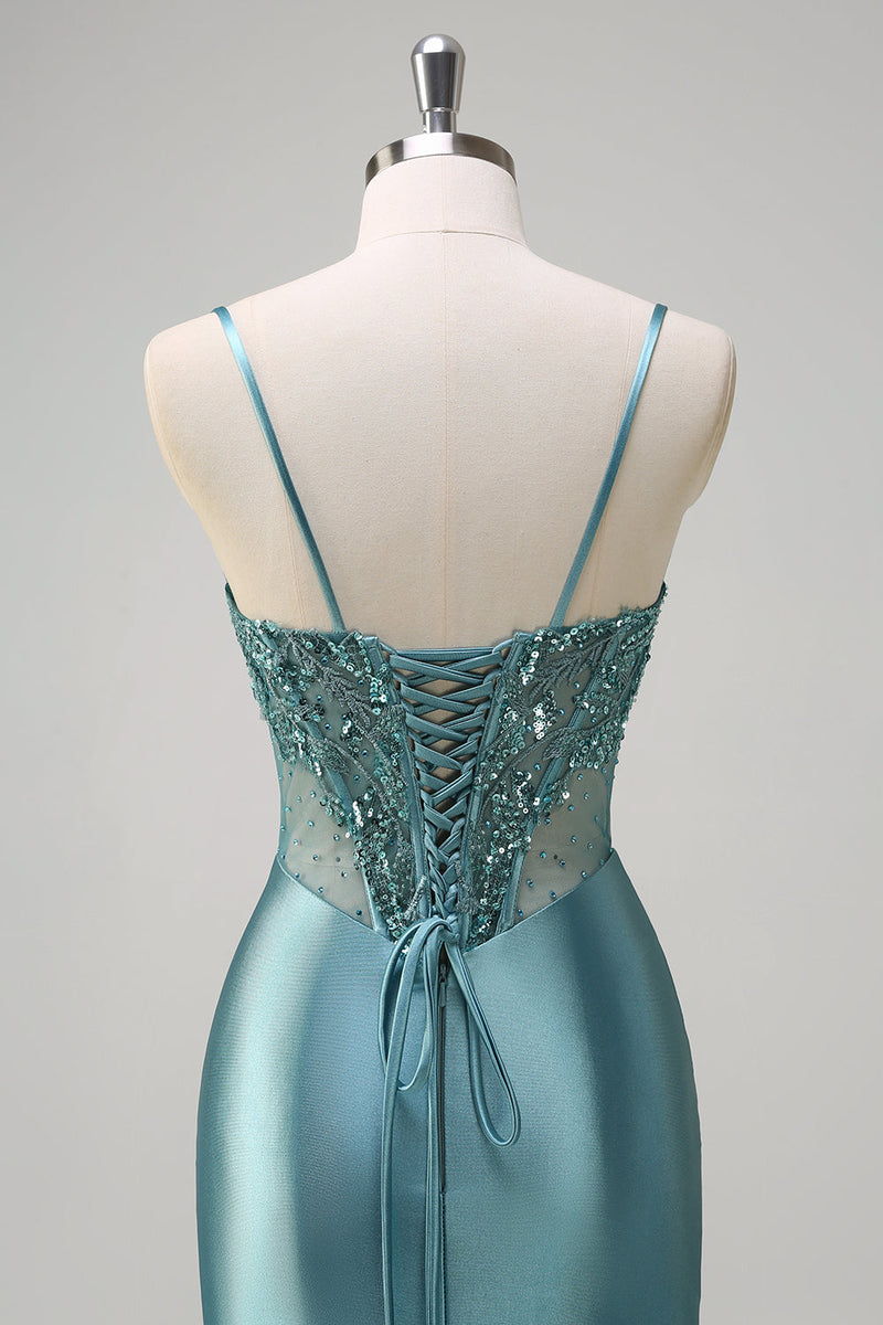 Load image into Gallery viewer, Grey Green Mermaid Corset Long Prom Dress with Slit
