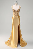 Load image into Gallery viewer, Golden Mermaid Corset Long Prom Dress with Slit