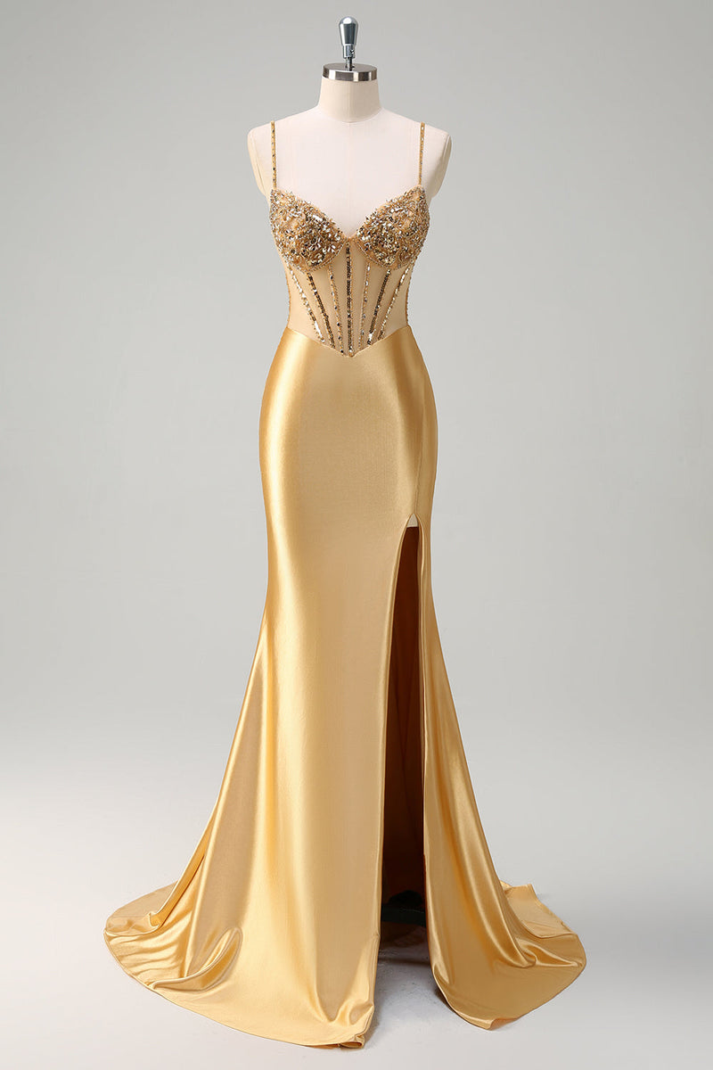 Load image into Gallery viewer, Golden Mermaid Corset Long Prom Dress with Slit