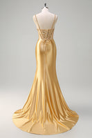 Load image into Gallery viewer, Golden Mermaid Corset Long Prom Dress with Slit