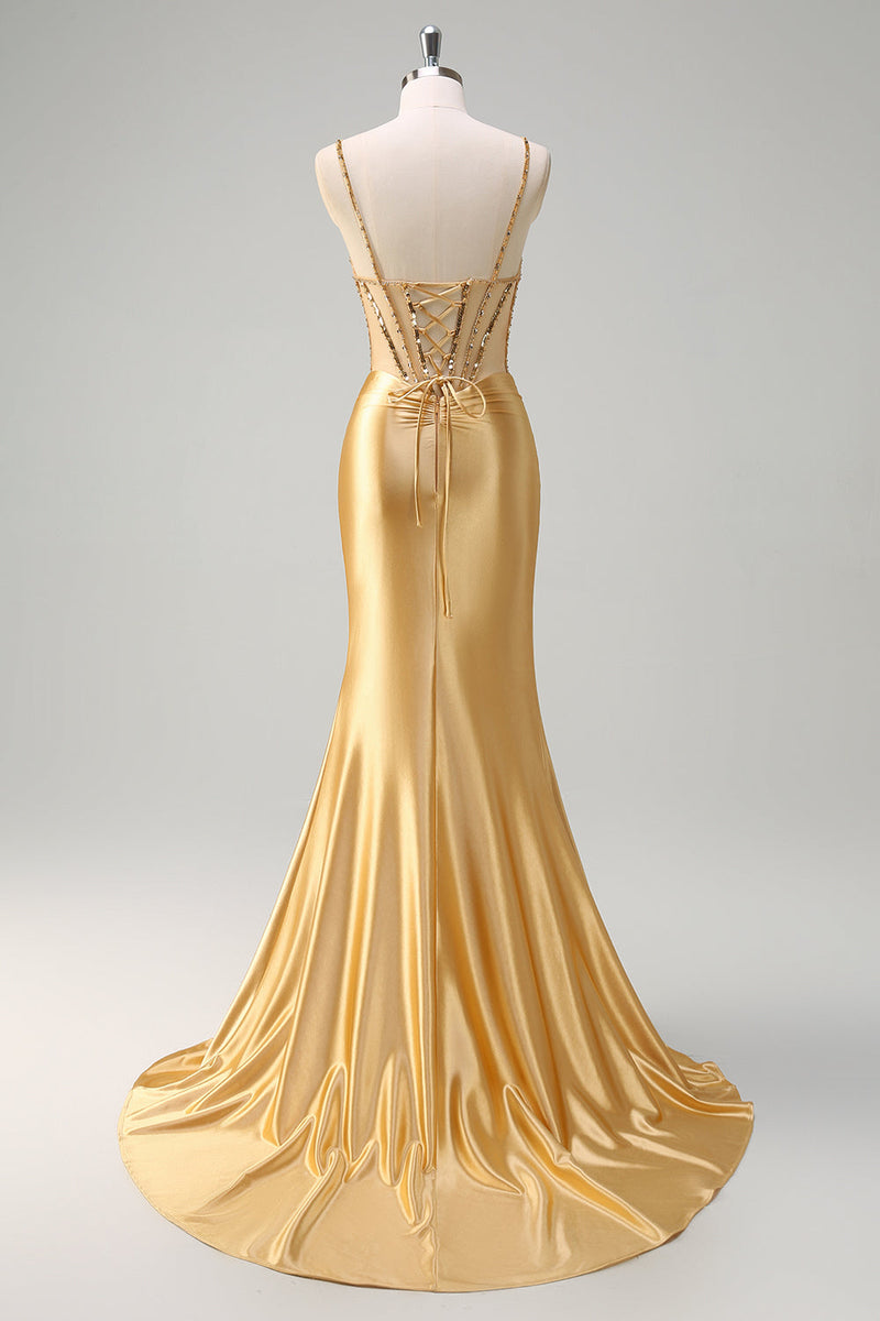 Load image into Gallery viewer, Golden Mermaid Corset Long Prom Dress with Slit