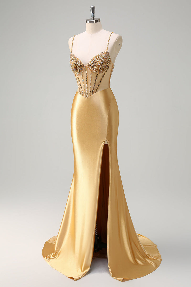 Load image into Gallery viewer, Golden Mermaid Corset Long Prom Dress with Slit