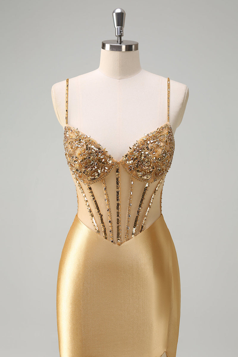 Load image into Gallery viewer, Golden Mermaid Corset Long Prom Dress with Slit