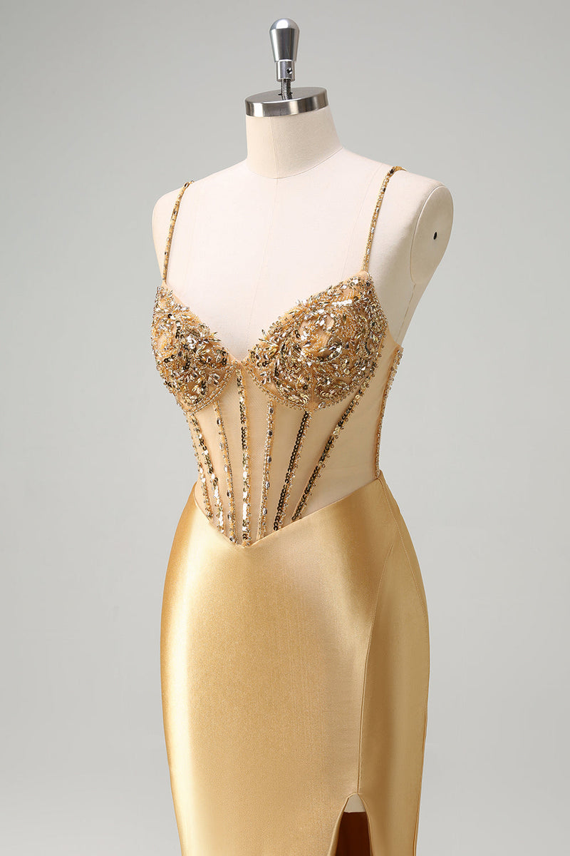 Load image into Gallery viewer, Golden Mermaid Corset Long Prom Dress with Slit