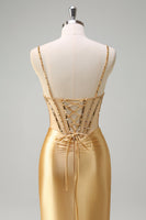 Load image into Gallery viewer, Golden Mermaid Corset Long Prom Dress with Slit