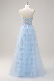 Light Blue A Line Tulle Tiered Long Corset Prom Dress