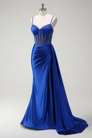 Load image into Gallery viewer, Sparkly Royal Blue Mermaid Corset Satin Long Prom Dress