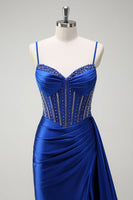 Load image into Gallery viewer, Sparkly Royal Blue Mermaid Corset Satin Long Prom Dress
