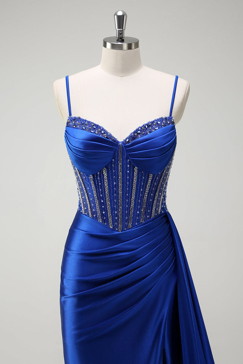 Load image into Gallery viewer, Sparkly Royal Blue Mermaid Corset Satin Long Prom Dress