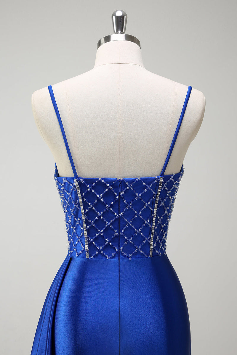 Load image into Gallery viewer, Sparkly Royal Blue Mermaid Corset Satin Long Prom Dress