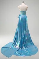 Load image into Gallery viewer, Metallic Blue Mermaid Strapless Corset Flowers Long Prom Dress