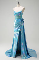 Load image into Gallery viewer, Metallic Blue Mermaid Strapless Corset Flowers Long Prom Dress