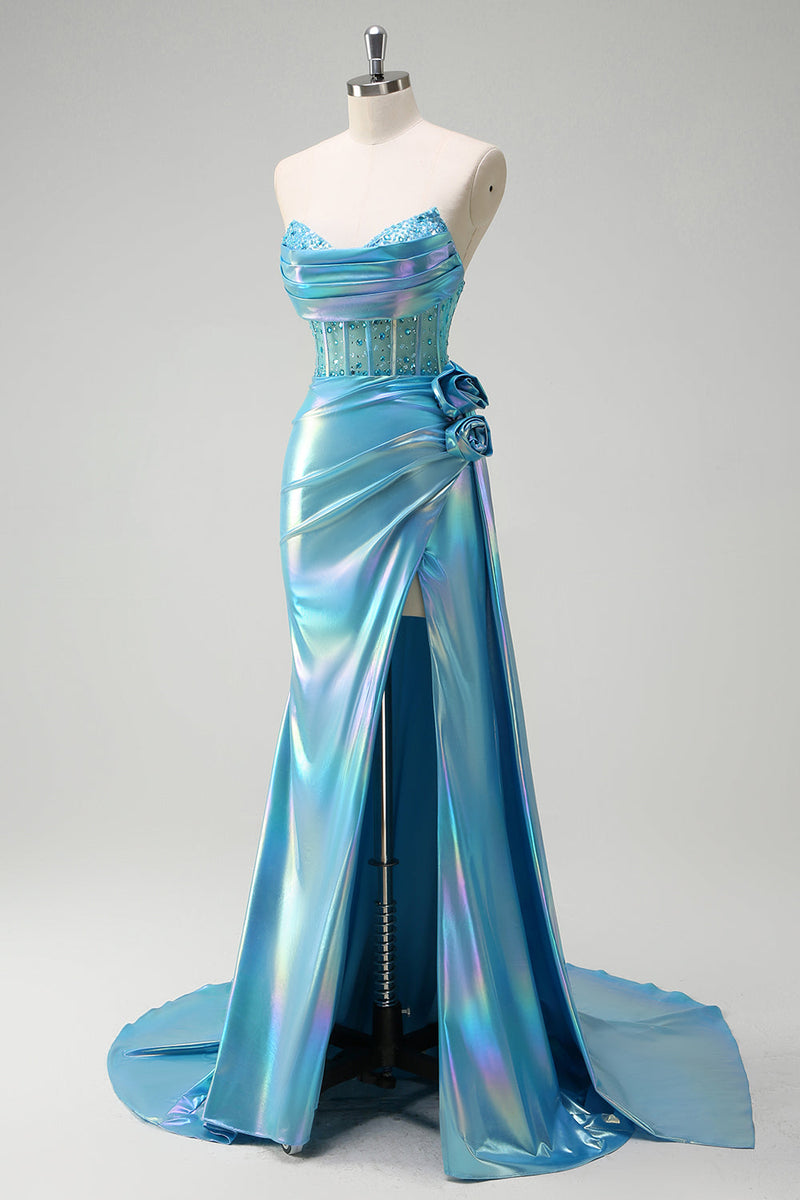 Load image into Gallery viewer, Metallic Blue Mermaid Strapless Corset Flowers Long Prom Dress