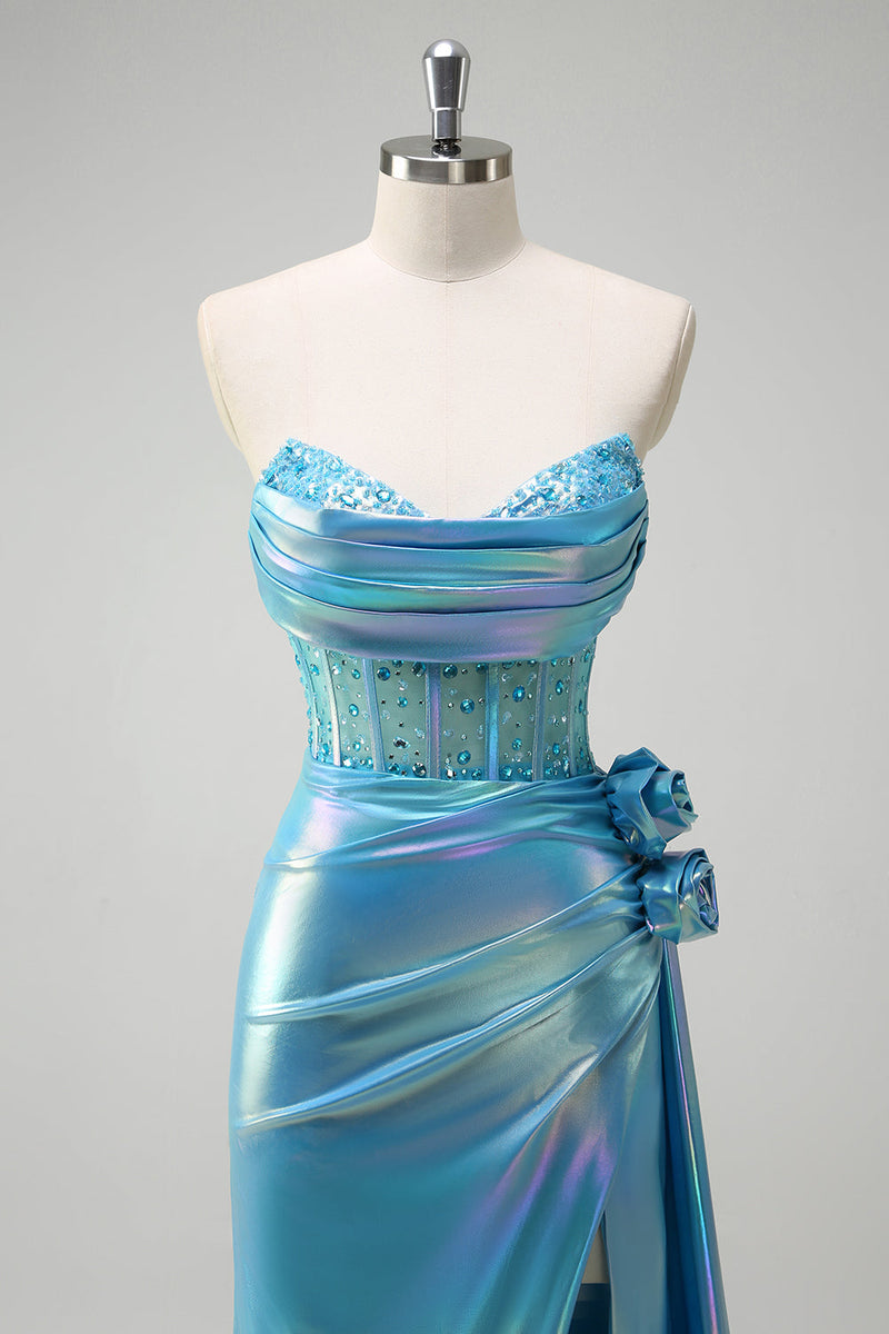 Load image into Gallery viewer, Metallic Blue Mermaid Strapless Corset Flowers Long Prom Dress