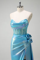 Load image into Gallery viewer, Metallic Blue Mermaid Strapless Corset Flowers Long Prom Dress