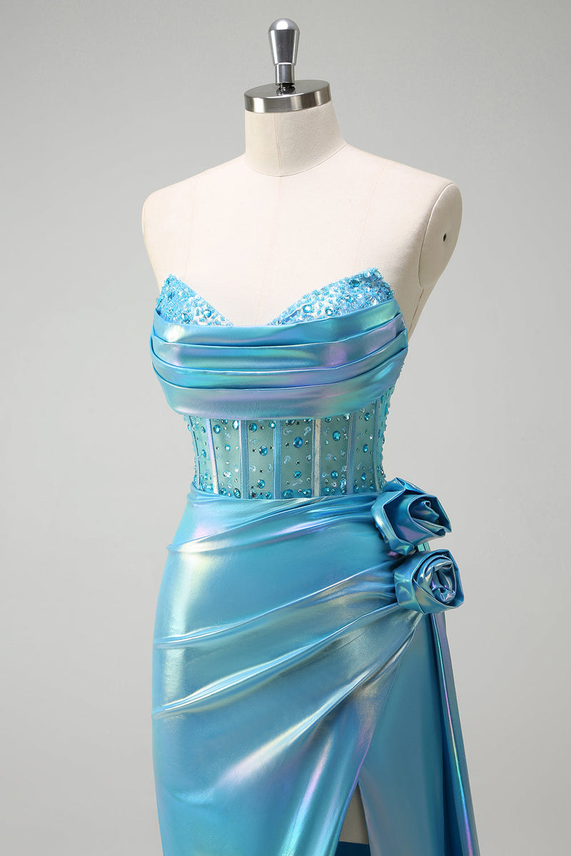 Load image into Gallery viewer, Metallic Blue Mermaid Strapless Corset Flowers Long Prom Dress