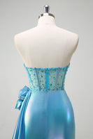 Load image into Gallery viewer, Metallic Blue Mermaid Strapless Corset Flowers Long Prom Dress