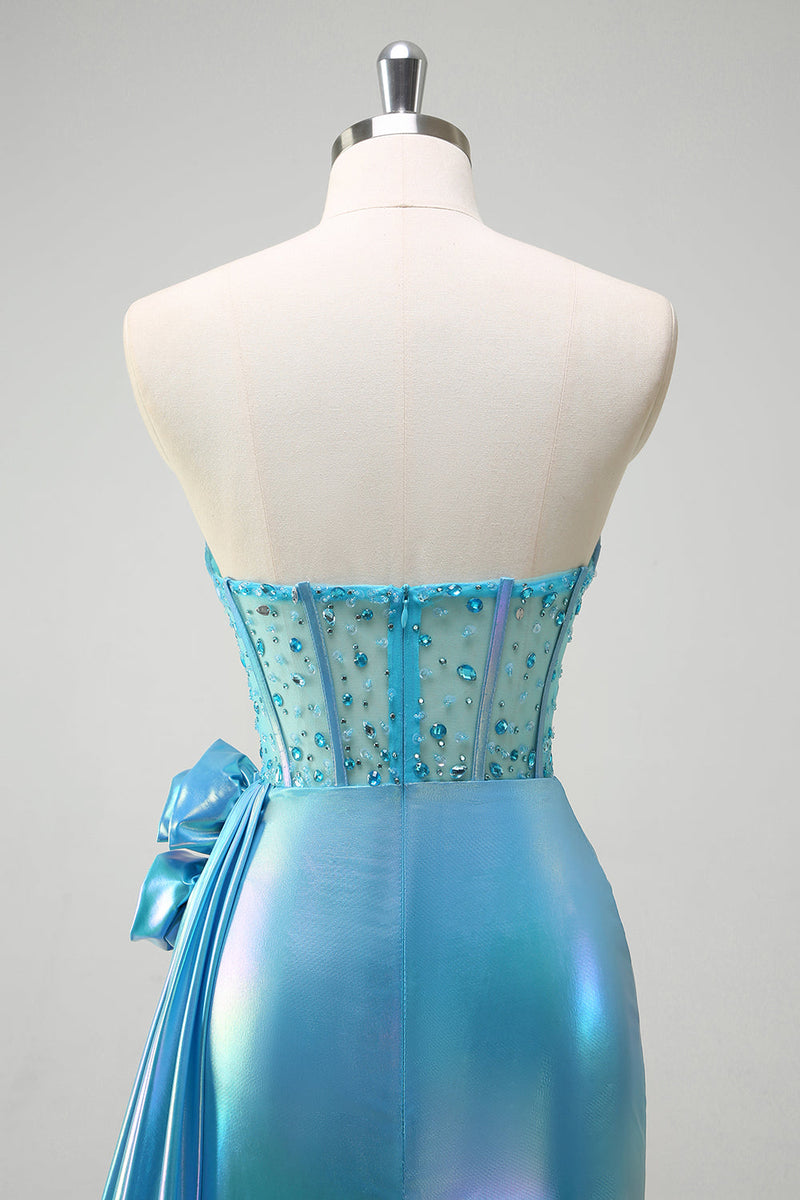 Load image into Gallery viewer, Metallic Blue Mermaid Strapless Corset Flowers Long Prom Dress