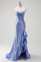 Load image into Gallery viewer, Sparkly Grey Blue Mermaid Strapless Corset Long Prom Dress