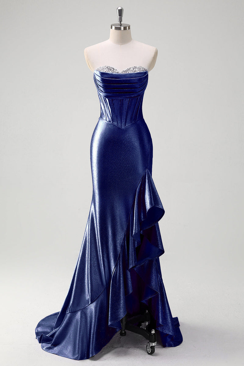 Load image into Gallery viewer, Sparkly Grey Blue Mermaid Strapless Corset Long Prom Dress