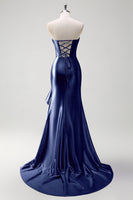 Load image into Gallery viewer, Sparkly Grey Blue Mermaid Strapless Corset Long Prom Dress