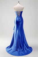 Load image into Gallery viewer, Sparkly Grey Blue Mermaid Strapless Corset Long Prom Dress