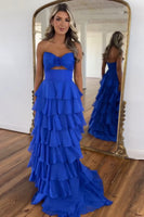 Load image into Gallery viewer, Royal Blue Sweetheart A-Line Tiered Long Prom Dress with Slit