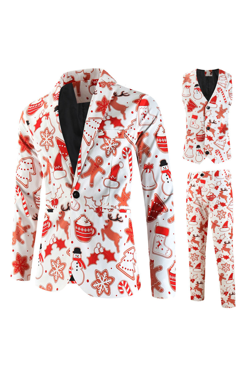 Load image into Gallery viewer, White Snowflake Snowman Printed 3 Pieces Men's Christmas Party Suits