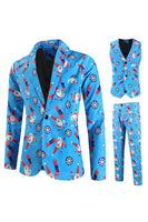 Load image into Gallery viewer, Blue Snowflake Santa Claus Print Three-piece Men's Christmas Party Suit