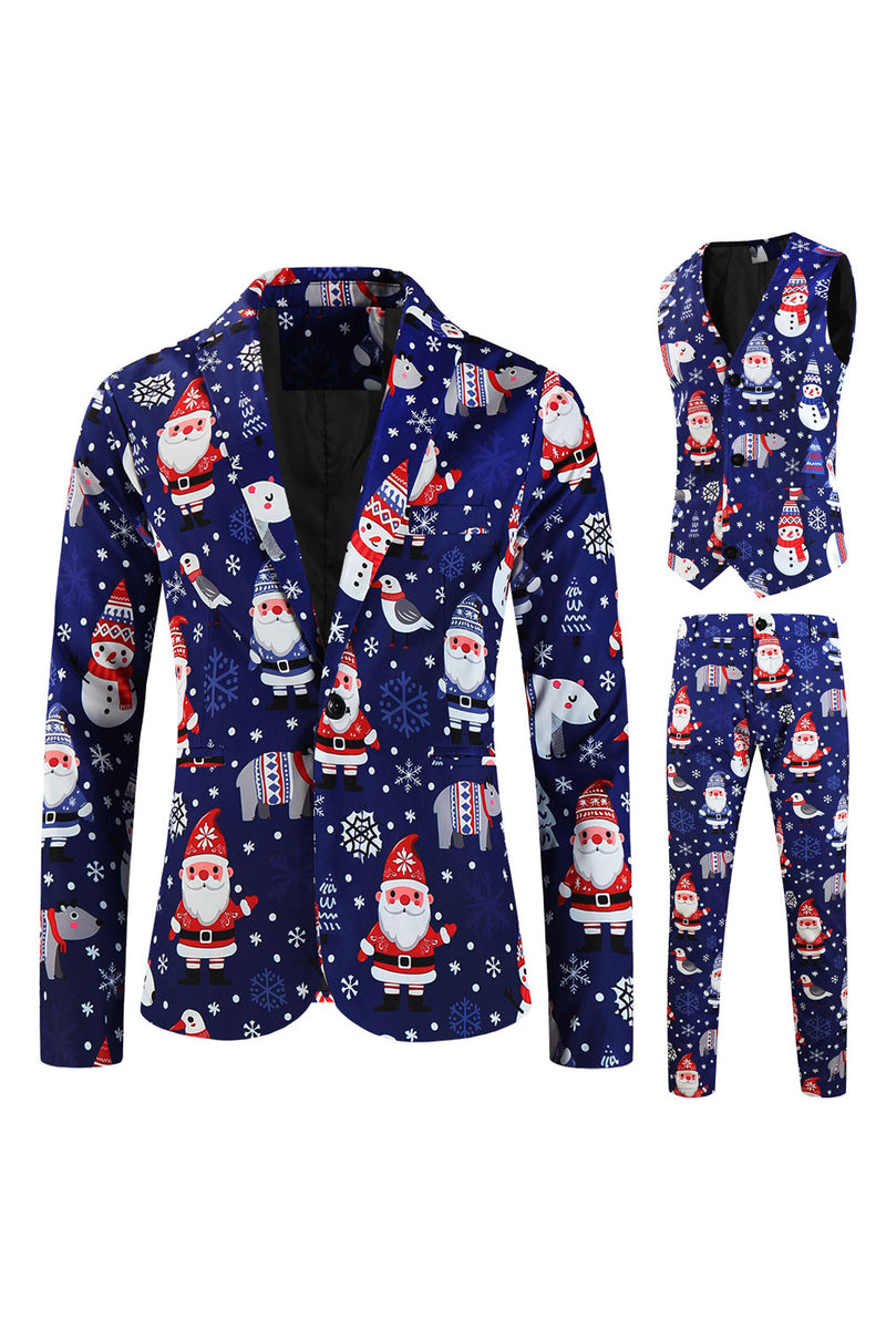 Load image into Gallery viewer, Navy Snowman Santa Claus Print Three-piece Men's Christmas Party Suit