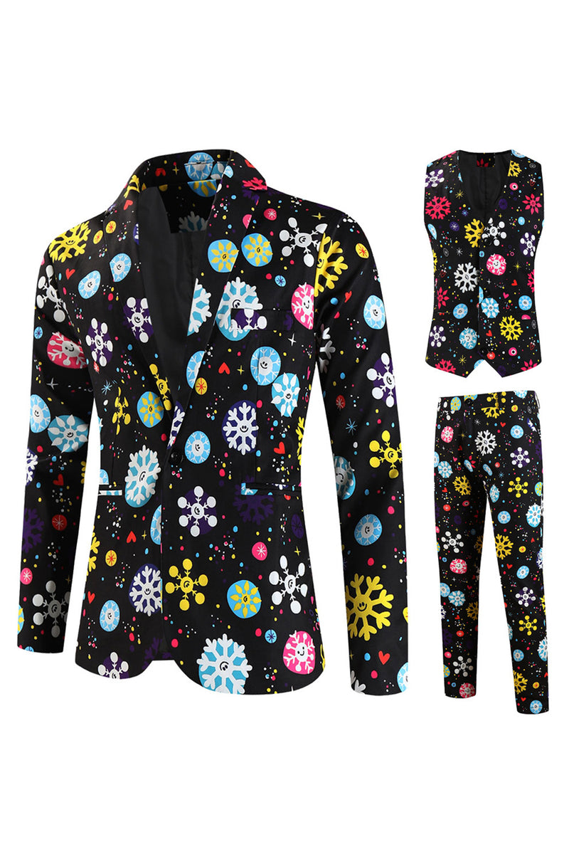 Load image into Gallery viewer, Black Snowflake Print Three Piece Men's Christmas Party Suit