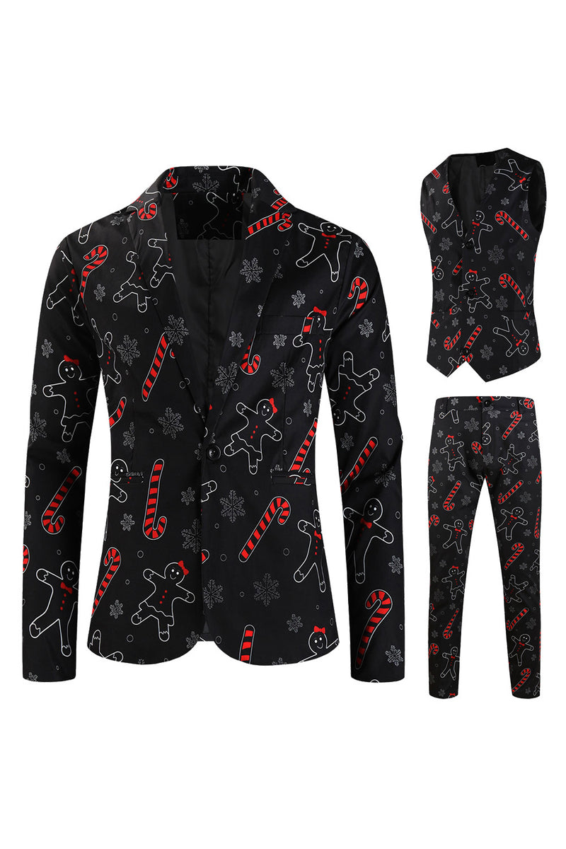 Load image into Gallery viewer, Zombie Man Cane Print Black Three Piece Men's Christmas Party Suit