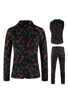 Zombie Man Cane Print Black Three Piece Men's Christmas Party Suit