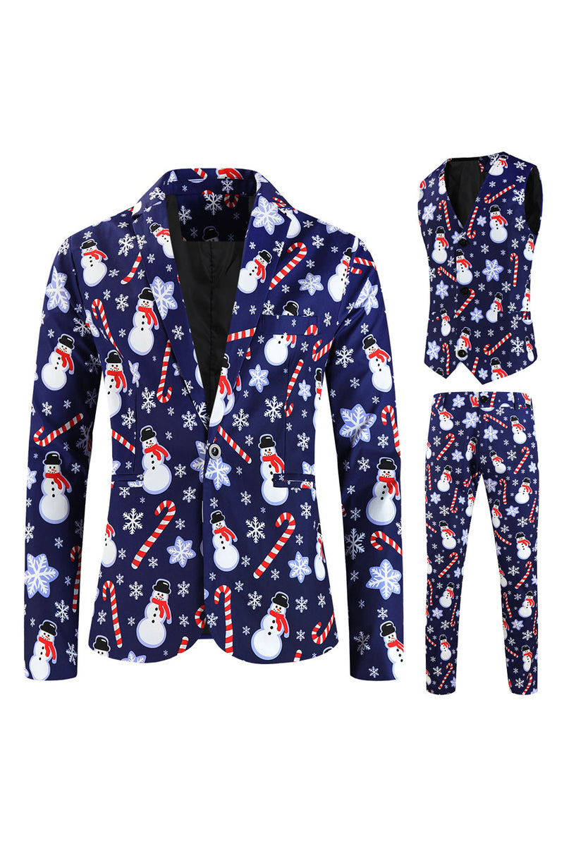 Load image into Gallery viewer, Navy Snowman Cane Print Three-piece Men's Christmas Party Suit