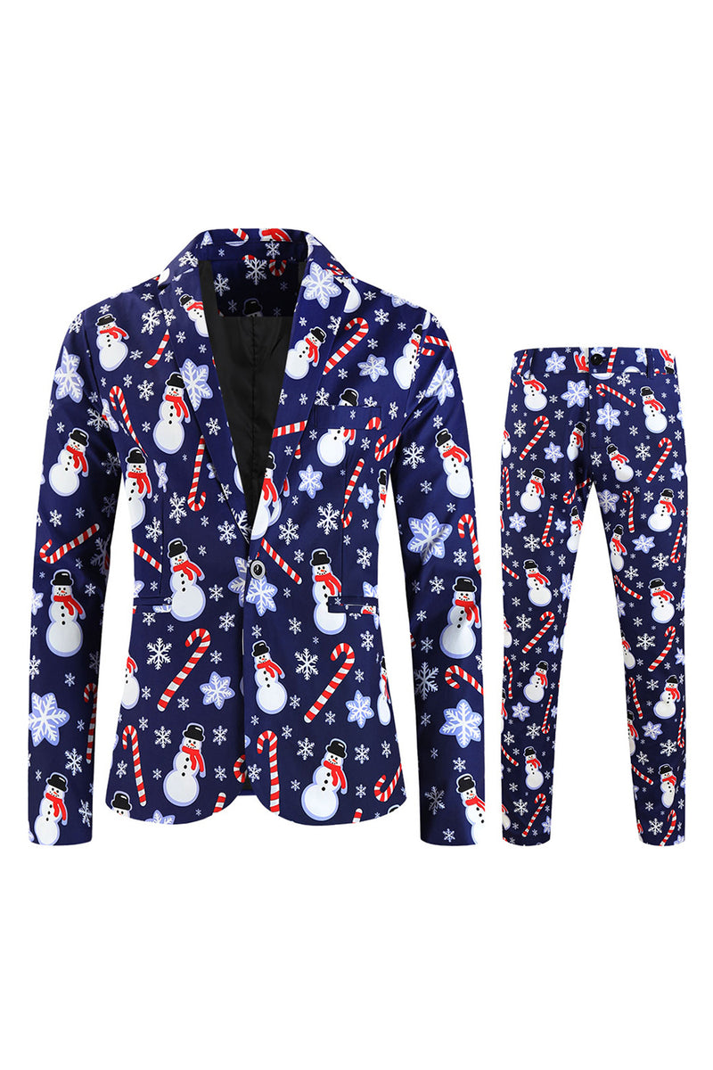 Load image into Gallery viewer, Navy Snowman Cane Print Three-piece Men's Christmas Party Suit