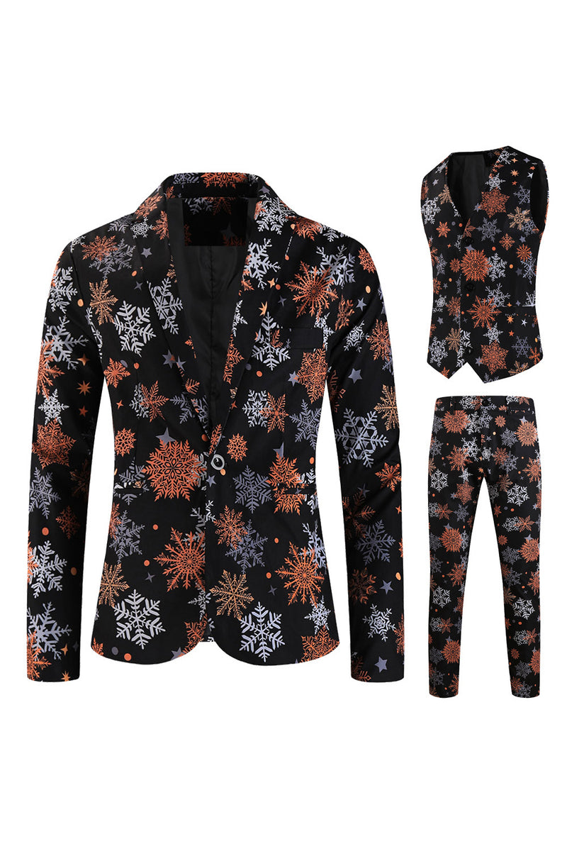 Load image into Gallery viewer, Black Snowflake Print One Button Three Piece Men's Christmas Party Suit
