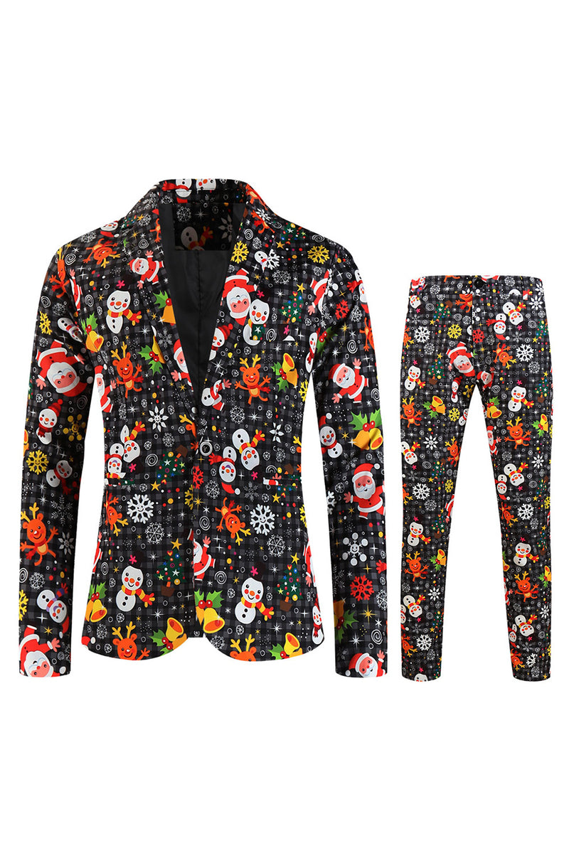 Load image into Gallery viewer, Single Button 3 piece Black Santa Claus Print Men's Christmas Party Suit