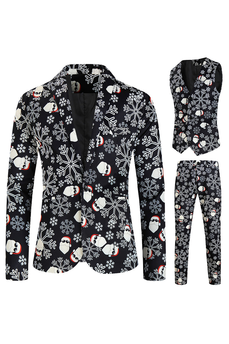 Load image into Gallery viewer, Black Snowflake Print Single Button 3 Pieces Men's Christmas Suit