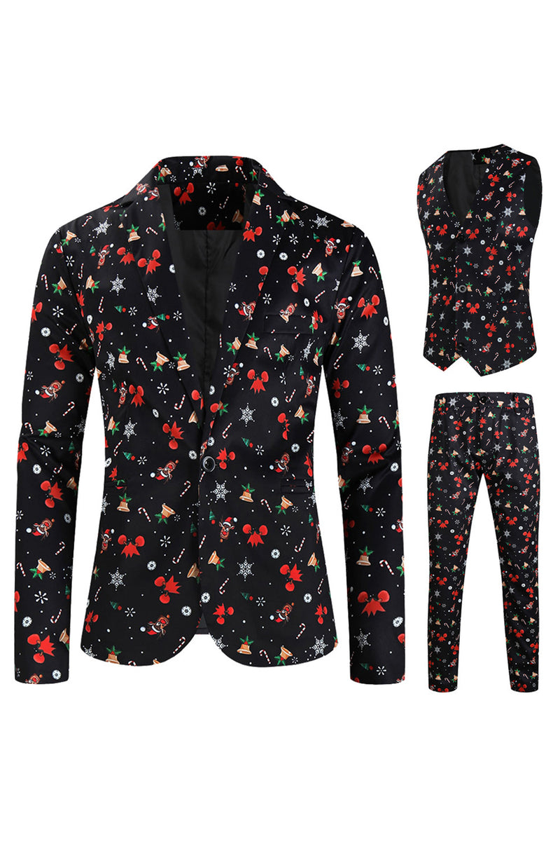 Load image into Gallery viewer, 3 Pieces Black One Button Bell Cane Print Men's Christmas Suit