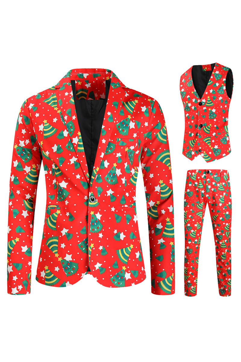 Load image into Gallery viewer, Red Single Button White Star Print 3 Pieces Men's Christmas Suit